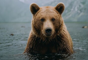 Bear in river water in modern analog photography style