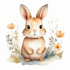 Cute Watercolor Bunny with Flowers.