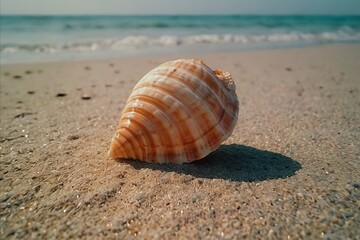 Seashell on sand in modern analog photography style
