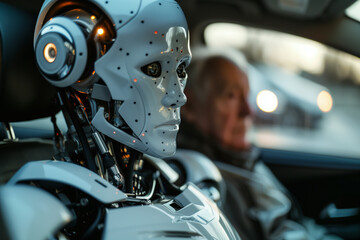 Fototapeta premium Self driving AI robotic companion in a car with a senior man. Automated car with artificial intelligence robot chauffeur.