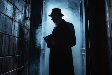 Spy Decoding Secret Message in Shadowy Room, Tense Espionage Scene