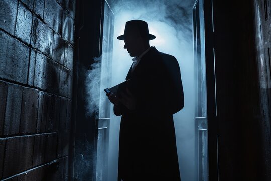 Spy Decoding Secret Message in Shadowy Room, Tense Espionage Scene
