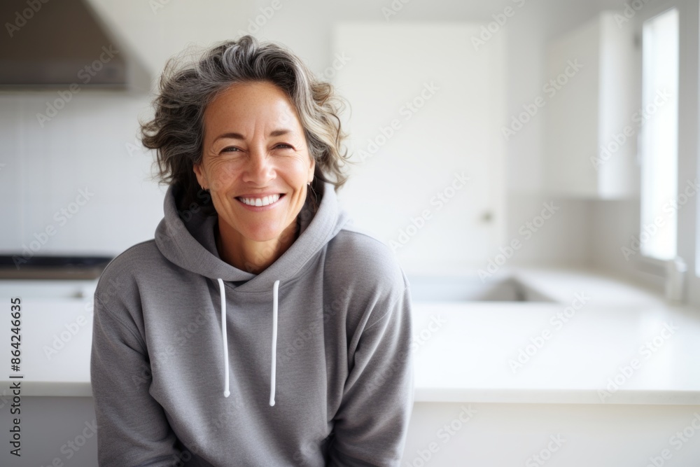 Sticker Portrait of a joyful woman in her 50s sporting a comfortable hoodie in front of modern minimalist interior