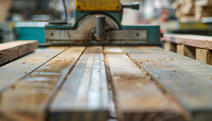 Closeup of wood cutting table with electric circular saw. Man skilled cabinet maker using circular saw at woodworking workshop. Professional carpenter cutting wooden board at sawmill