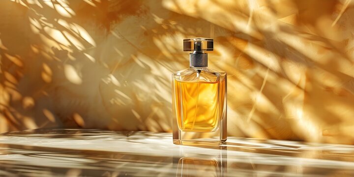 Gold glass bottle of mens eau de parfum spray with modern luxury scent. Concept Luxury Fragrance, Men's Fashion, Perfume Collection, Premium Quality, Stylish Aesthetics