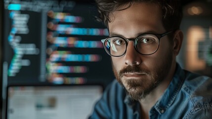 Stressed software engineer in glasses with laptop coding background   symbolic monochrome image