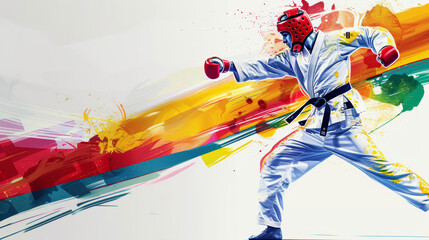 Dynamic Taekwondo Athlete in Action with Abstract Colorful Streaks - Ideal for Sports Posters and Banners