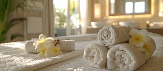 A serene spa setting featuring neatly rolled towels and frangipani flowers on a bed in a sunlit modern bathroom, evoking relaxation and luxury.