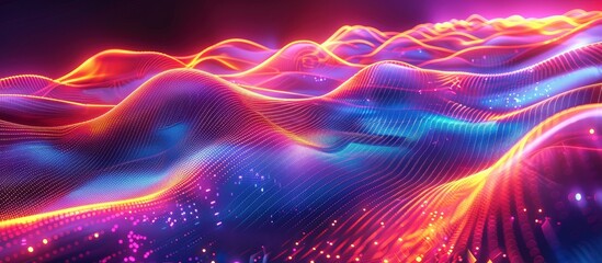 Obraz premium A stunning abstract background featuring vibrant neon waves and a digital grid with glowing lights and dynamic colors.