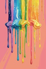 Naklejka premium Colorful dripping paint in rainbow hues on a pink background, creating a vibrant and dynamic abstract art piece.