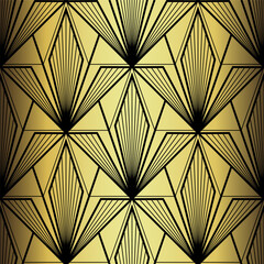 Art Deco Wallpaper. Black and gold seamless pattern in roaring twenties style. Line art deco background for interior design. Elegant art deco type