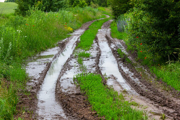 dirty broken rural road with deep tire tracks