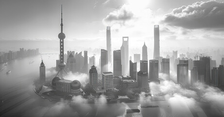 Misty Shanghai: High-Contrast Black and White Cityscape with Skyscrapers and Cranes