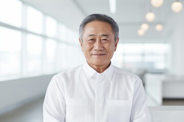 Portrait of a satisfied asian man in his 60s wearing a classic white shirt on modern minimalist interior