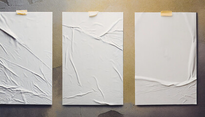 Glued white square paper sheets set. Vector isolated realistic crumpled posters bundle. Wet greased wrinkles blank template texture. Empty advertising column mockup for creative design