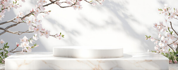 Background podium 3D spring flower product beauty pink display nature. 3D podium stand background scene floral mockup cosmetic white blossom summer abstract shadow platform minimal design render stage