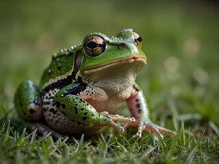Obraz premium A green frog that jumps on the grass