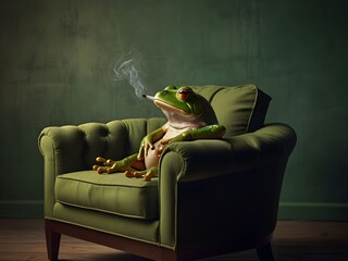 green frog sitting on an armchair and smoking a cigarette