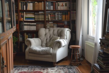 Cozy Reading Nook with Armchair, Bookshelf, and Soft Rug - Perfect for Relaxation and Study