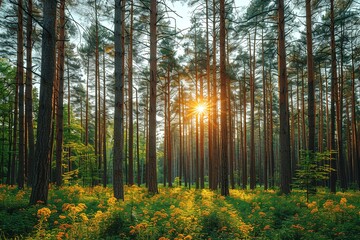 Fototapeta premium Realistic shot of tall trees in a forest with sunlight filtering through, creating dappled shadows on the ground