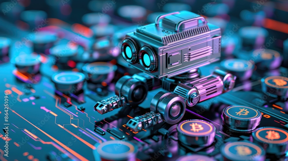 Poster the bitcoin bots journey through the digital circuitry