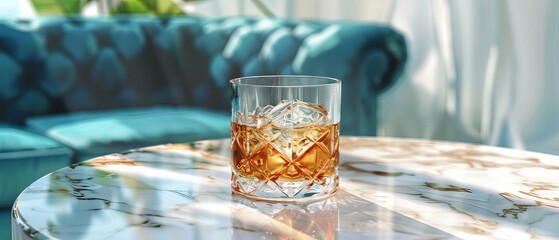 Whiskey glass on a marble table in an elegant lounge setting with soft lighting