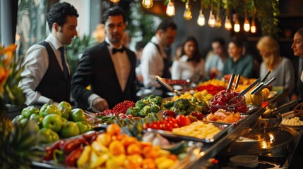 people holds an indoor buffet banquet in an upscale restaurant.