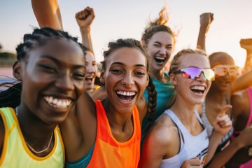 A team of female runners of different nationalities rejoice in their success behind the running field.