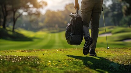 Back view, golfer walking with a golf bag containing golf clubs on the golf course. Close-up.