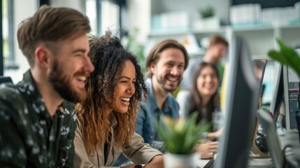 Fototapeta premium Happy colleagues in the office discussing the work process looking at the monitor and smiling. Business goals and team building concept. Concept of team office work