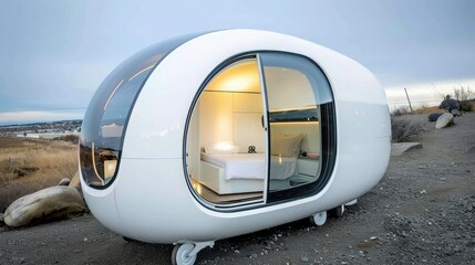 Fototapeta premium Futuristic Pod Hotel Room Overlooking Mountain Range