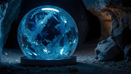 Glowing Blue Orb Floating Above Marble Pedestal in Dark Room, Brilliant Blue Orb Emitting Soft Descent Above Marble Pedestal, Dark Room Scene: Glowing Blue Orb on Marble Pedestal, Soft Descent Illumin