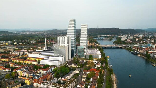 Aerial, drone view of the Roche Tower Building in Basel, Switzerland