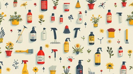 A patterned design of various cleaning products and plants: spray bottles, soap, brooms, mops, towels, and a variety of flowers and leaves in a colorful and decorative style. 