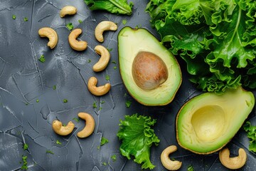 Avocado and cashew accompanied by a wholesome green salad with ample empty area for an image