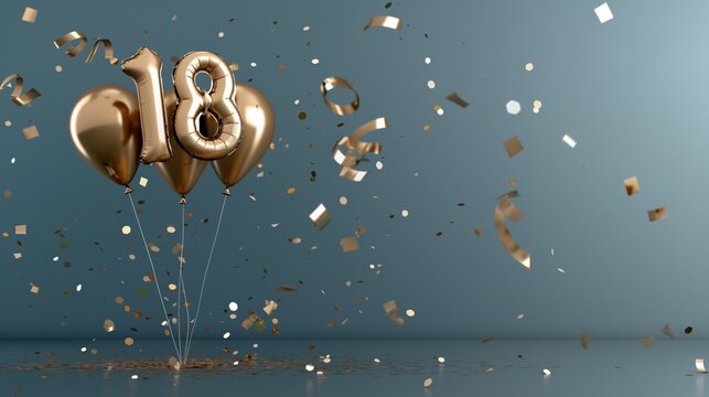 Inflatable foiled golden balloons number 18 on gray background with confetti. 18 years anniversary celebration. Birthday party concept
