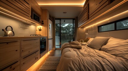 A compact and minimalist living space, showcasing efficient use of space and modern design principles