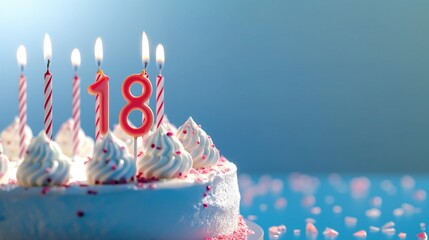 Birthday cake with candles and numbers 18 on a blue background with copy space. 18 years anniversary celebration. Birthday party concept