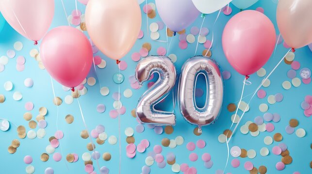 Inflatable foiled silver balloons number 20 on a blue background with confetti and other balloons. Twenty years anniversary celebration