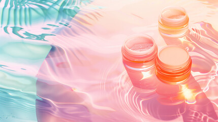 Minimalist visual template of cosmetic product packaging on a bright backdrop with transparent water, emphasizing natural allure and premium quality without labels.

