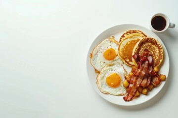 A top down view of a full American breakfast on a white background with plenty of space for additional images The breakfast includes sunny side up fried eggs crispy bacon hash browns fluffy pancakes
