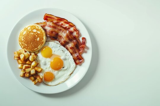 A top down view of a full American breakfast on a white background with plenty of space for additional images The breakfast includes sunny side up fried eggs crispy bacon hash browns fluffy pancakes