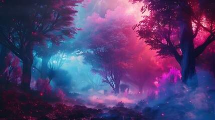 Naklejka premium Enchanting Neon Forest with Glowing Trees and Vibrant Atmosphere