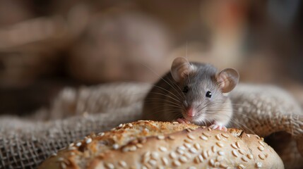 Close-up of a mouse eating bread on a sack, showcasing a detailed view of the tiny creature in a rustic setting.