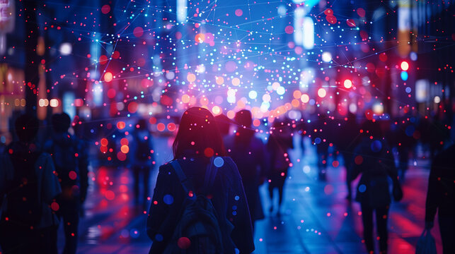 Crowd Network in a City Street at Night