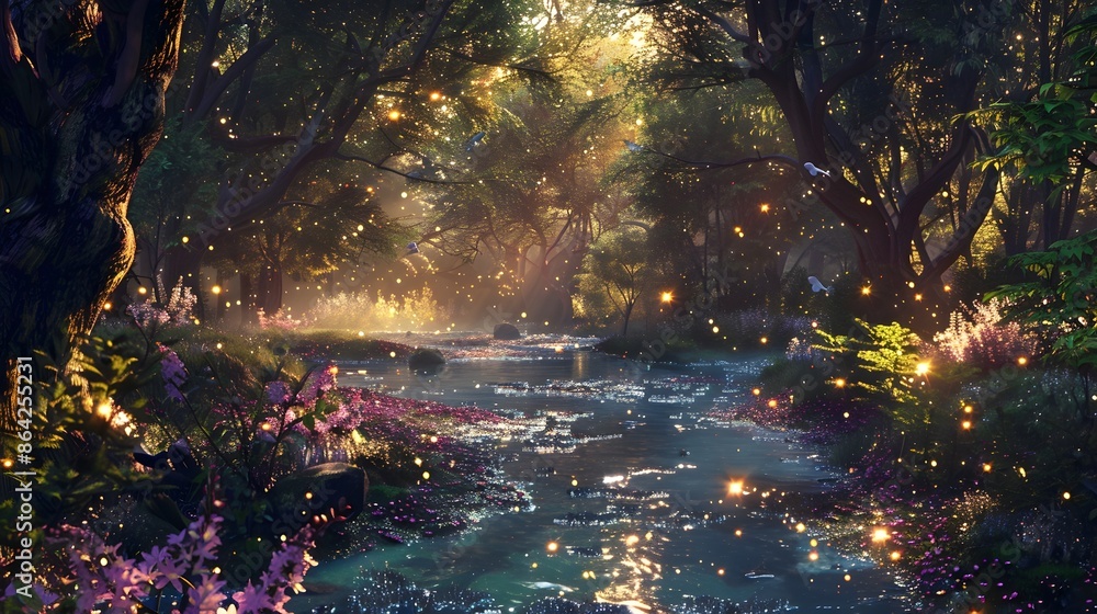 Poster enchanting mystical forest glade with sparkling stream and enchanted flora
