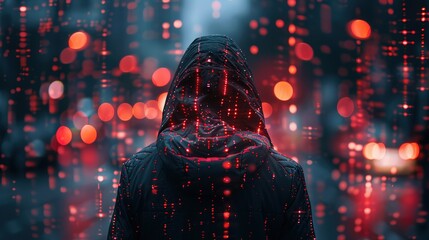 Anonymous Hacker Surrounded by a Network of Glowing Data Streams Engaged in Cybersecurity, Cybercrime, and Cyberattack Activities. Concept of Digital Infiltration, Hacking, and Internet Security Threa