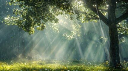 Nature adorned with sunlight trees grass and rain