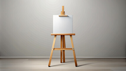 A wooden easel holds a blank canvas in a well-lit room with light-colored floors and walls. The scene is minimalistic and serene, ready for the artist's next creation,with copy space.AI generated.