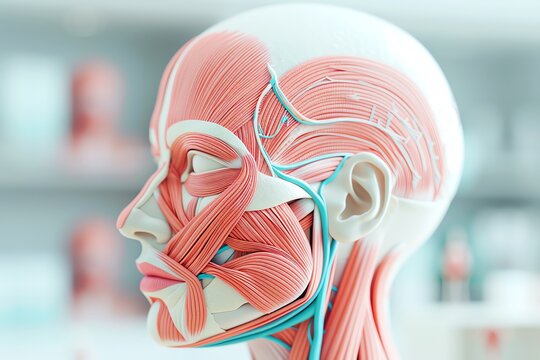 Detailed illustration of the layers of facial skin and muscles for educational purposes, facial anatomy, surgical planning